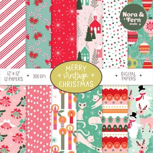 Papéis digitais com estampas vintage de Feliz Natal - Papéis digitais retrô de Natal - Pacote de papéis digitais para impressão