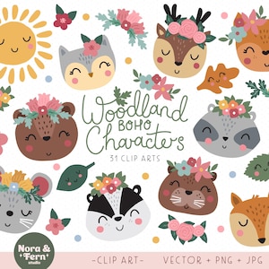 Images clipart personnages bohèmes printaniers des bois - mignons animaux de la forêt avec des couronnes de fleurs Clip Art, impression numérique, Illustrations de chambre d'enfant