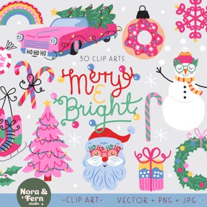Merry and Bright Clip Art - Christmas Character Clip Art Set, Digital Printable, Fun Christmas Digital Clip Art, Barbiecore Christmas