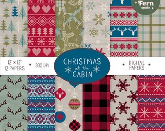 Christmas at the Cabin Digital Patterned Papers - Rustic Lodge Christmas Digital Papers - Christmas Printable Digital Paper Pack