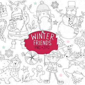 Winter Friends Digital Stamps - Christmas Character Digital Stamp Set, Digital Printable, Christmas Digi Stamp Set, Santa, Outlines, PNG