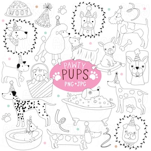 Pawty Pups デジタルスタンプ - かわいい犬のデジタルスタンプ、犬のPNG、犬のイラストセット、犬のパーティーデジタルスタンプ