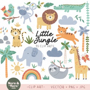 Ensemble de clipart jungle - animaux de la jungle neutres pour enfants, clipart numérique, illustrations de bébé jungle mignon pour cartes et art mural de chambre d'enfant