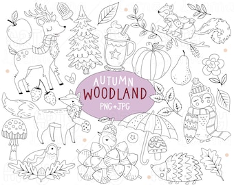 Autumn Woodland Digital Stamps - Fall Digital Stamp Set, Digital Printable Stamps, Cute Woodland Animal Digital Stamps