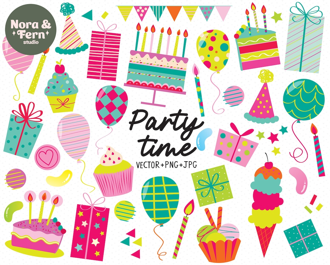 Party Time Clip Art - Bright Birthday Clip Art Set, Digital Printable ...