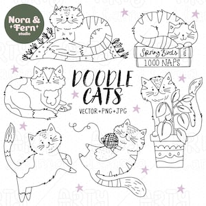 Doodle Cats Digital Stamps - Doodle Cats Digital Stamp Set, Digital Printable, Doodle Cat Digi Stamp Set, Black and White Outlines, PNG Cats