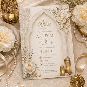 May include: A cream-colored wedding invitation card featuring an arched frame, gold foil text, and floral accents. The text reads Aaliyah & Yusuf, Nikkah, Saturday, March 14, 2026, 5:30 PM, The Pearl Courtyard, 27 Jasmine Crescent, Doha, Qatar.