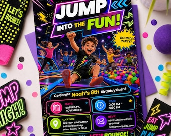 Invitación de cumpleaños para parque de trampolines, invitación para fiesta de saltos, cumpleaños en zona de saltos, fiesta infantil en casa inflable, ¡Salta a la diversión!, Canva editable