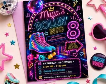 Invitación de cumpleaños editable con temática de patinaje sobre ruedas, invitación retro para fiesta de patinaje con luces de neón, plantilla para celebrar los 8 años, plantilla editable de Canva.