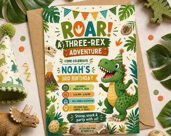Cumpleaños de tres T-Rex, Invitación de cumpleaños de dinosaurios, Invitación retro de T-Rex, Plantilla de invitación de dinosaurios, Dino 3rd, Tres niños T-Rex, Canva