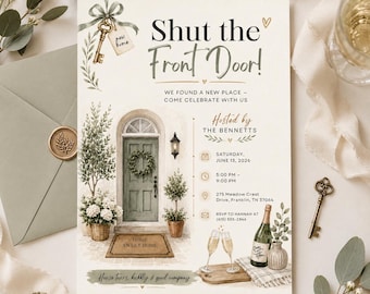 Invitación de inauguración de casa, Invitación para fiesta de inauguración, Estilo minimalista moderno, ¡Cierra la puerta!, Plantilla editable de Canva