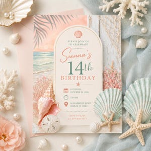May include: A rectangular birthday invitation card featuring a beach scene with a sunset, palm leaves, and a central arched panel. The text reads: Please join us to celebrate Sienna's 14th birthday, Saturday, October 24, 2026, 5:00 PM, 88 Seabreeze Point, Naples, FL 34102, RSVP to Lisa at 239-555-6017.