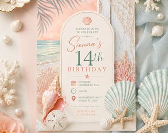 Invitación de cumpleaños costera para adolescente, invitación pastel para adolescente, invitación editable con temática playera, invitación para fiesta de verano tropical, Canva