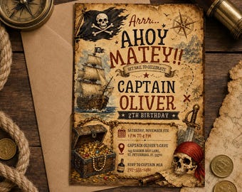 Invitación de cumpleaños pirata, Invitación de cumpleaños "¡Ahoy, compañero!", Invitación editable para fiesta pirata en Canva, Invitación de cumpleaños con temática de búsqueda del tesoro.