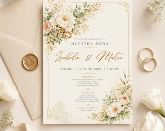 Invitación para Boda en Español para Editar, Elegante anillo de compromiso floral blanco Invitación de boda en español Plantilla editable de Canva para boda