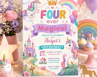 Plantilla de invitación de cumpleaños de unicornio para el 4.º cumpleaños, Cuatro Mágicos para Siempre, Invitación de cumpleaños de unicornio en tonos pastel, Invitación de unicornio arcoíris, Plantilla de Canva