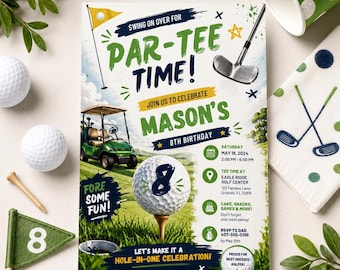 Invitación de cumpleaños de golf, invitación de cumpleaños de golf "Let's Par Tee", invitaciones para fiesta de cumpleaños de golf, plantilla editable de Canva de 5x7