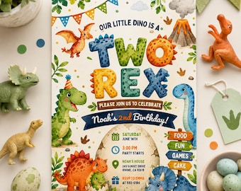 Invitación de cumpleaños de dinosaurios en tonos pastel, invitación para fiesta de segundo cumpleaños con dos Rex, diseño rosa y morado, dinosaurios lindos de la selva jurásica, animales salvajes, plantilla de Canva.