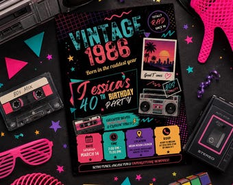 Invitación de cumpleaños vintage de 1986, estilo Polaroid retro, 40 cumpleaños, cualquier edad, invitación editable para celebrar un hito importante, plantilla para fiesta de cumpleaños de 1986.