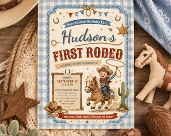 Invitación de cumpleaños con temática de rodeo, invitación de cumpleaños vaquera, invitaciones de primer cumpleaños para niño, invitación del Viejo Oeste, plantilla editable de Canva