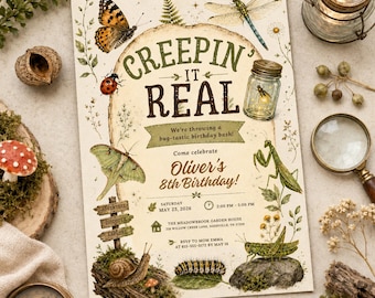 Invitación de cumpleaños con temática de insectos, plantilla editable para fiestas de insectos, invitación con temática de bichos espeluznantes, descarga digital, plantilla de Canva.