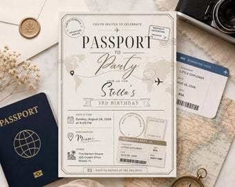 Plantilla de invitación de pasaporte de cumpleaños, plantilla de invitación de pasaporte imprimible, boleto de fiesta de cumpleaños, invitación de boleto de cumpleaños