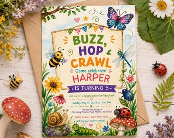 Invitación de cumpleaños con insectos, Buzz Hop Crawl, invitación para fiesta al aire libre con temática de naturaleza, invitación de cumpleaños con insectos, plantilla editable de Canva