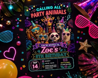 Plantilla editable de invitación de cumpleaños con temática de animales para niños, fiesta divertida con temática de animales, invitación neón para cualquier edad, plantilla editable de Canva.