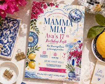 Plantilla editable de Canva para invitación de cumpleaños de Mamma Mia, invitación para fiesta de reina del baile disco, celebración de quinceañera con azulejos azules de inspiración italiana
