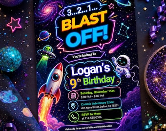 Invitación de cumpleaños con temática espacial neón, invitación de fiesta galáctica, invitación de cumpleaños de astronauta en el espacio exterior, planetas con cohetes espaciales, ¡Despegue!, Canva
