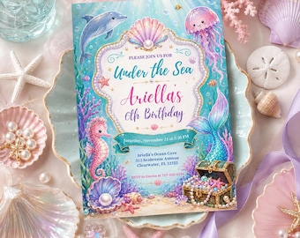 Invitación de cumpleaños de sirena para niña / Invitación de fiesta de sirena en acuarela / Cumpleaños bajo el mar / Sirena rosa y morada / Imprimible en Canva editable