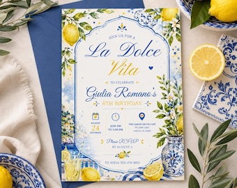 Invitación de cumpleaños La Dolce Vita - Invitación para cena italiana, editable en Canva, invitación de cumpleaños de limón editable