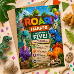 May include: A rectangular birthday invitation card featuring colorful cartoon dinosaurs wearing party hats in a jungle setting. The text reads: ROAR! HARPER IS TURNING FIVE! JOIN US FOR A DINO-MITE CELEBRATION! DATE: Saturday, June 6, 2026, TIME: 11:00 AM - 1:30 PM, VENUE: Dino Valley Park 920 Fossil Ridge Road, Phoenix, AZ 85021, RSVP: RSVP by June 1 to 555-0178.