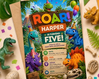 Invitación de cumpleaños de dinosaurio para niño de 4 años, invitación de dinosaurio para cuatro años, invitación de fiesta de cumpleaños de T-Rex, cumpleaños de dinosaurio para cinco años, plantilla de Canva para fiesta de dinosaurios