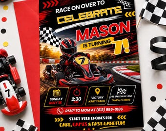 Invitación de cumpleaños de karts, fiesta de carreras, invitación electrónica para móvil, invitación de cumpleaños de coches de carreras, primera vuelta a la pista, plantilla editable de Canva