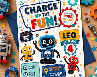 Invitación de cumpleaños de robot, invitación para fiesta de robots, invitación para cumpleaños de niño, invitación para fiesta de 4.º cumpleaños, ideas para fiestas de robots, Canva editable