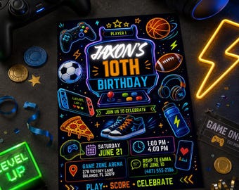 Invitación de cumpleaños para adolescente, temática de videojuegos, baloncesto, pizza y música, invitación para fiesta preadolescente, invitación editable para el décimo cumpleaños, invitación de Canva