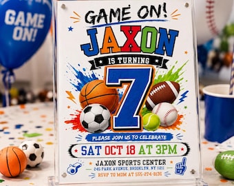 Invitación de cumpleaños deportiva, plantilla editable de Canva, invitación imprimible para fiesta de estrellas, tarjeta de cumpleaños con temática multideportiva para niños.