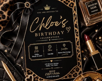 Invitación de cumpleaños con estampado de guepardo, invitación imprimible para fiesta Coquette con lazo negro, fiesta de pijamas con estampado de guepardo, cumpleaños con temática de safari de leopardo