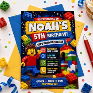 May include: A colorful birthday party invitation with a Lego theme. The invitation reads "Noah's 5th Birthday!" and includes event details. A Lego figure is featured, along with Lego bricks and a building. The invitation is surrounded by blue and yellow envelopes.