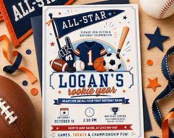 Plantilla de invitación de cumpleaños para novato deportivo, cumpleaños de béisbol, invitación para fiesta de cumpleaños de béisbol del novato del año, plantilla de Canva
