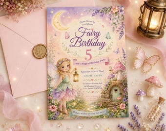 Invitación de cumpleaños de hada primaveral, fiesta de remolinos, niña con lazo floral (plantilla de Canva)