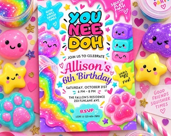 May include: A rectangular birthday invitation card featuring colorful slime graphics, rainbow patterns, and the text "YOU NEED DOH" and "Allison's 6th Birthday". The design includes pink, blue, and yellow accents with party details.