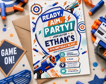 Invitación de cumpleaños con temática de pistolas de dardos, invitación a fiesta de batalla de dardos, tema de fiesta Ready Aim, tema de fiesta Nerf, plantilla editable de Canva