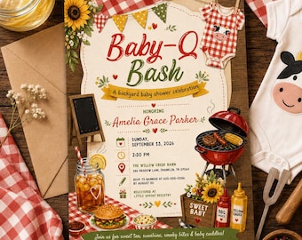 Invitación para baby shower con barbacoa, invitación para baby shower con barbacoa, invitación para fiesta al aire libre, plantilla de Canva