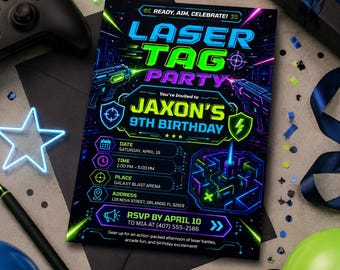 Invitación de cumpleaños editable para laser tag, invitación para laser tag neón, fiesta de laser tag brillante, juegos arcade para niños, fiesta láser neón, Canva editable