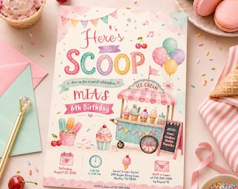 Plantilla de invitación de cumpleaños con temática de camión de helados, invitación de cumpleaños "Aquí está la primicia", cumpleaños de helados, invitación de verano, plantilla de Canva
