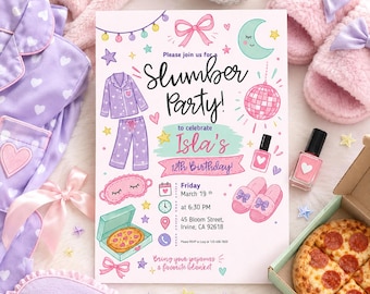 Plantilla editable de invitación para fiesta de pijamas, invitación de cumpleaños para pijamada, descarga digital SSC-055