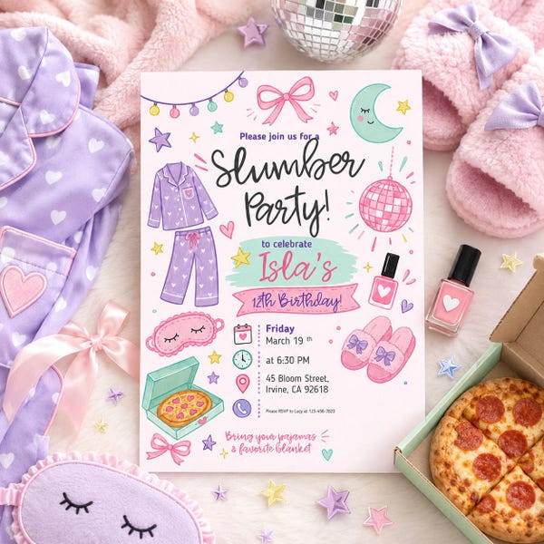 Editable Slumber Party Invitation Template, Sleepover Birthday Invite, Digital Download SSC-055