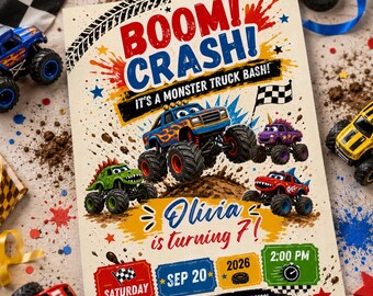 Invitación de cumpleaños de Monster Truck, Monster Monster editable, invitación imprimible para fiesta, plantilla de cumpleaños de camiones para niños, cualquier edad, Canva